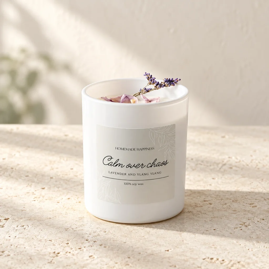 Calm Over Chaos lavender candle on pale stone