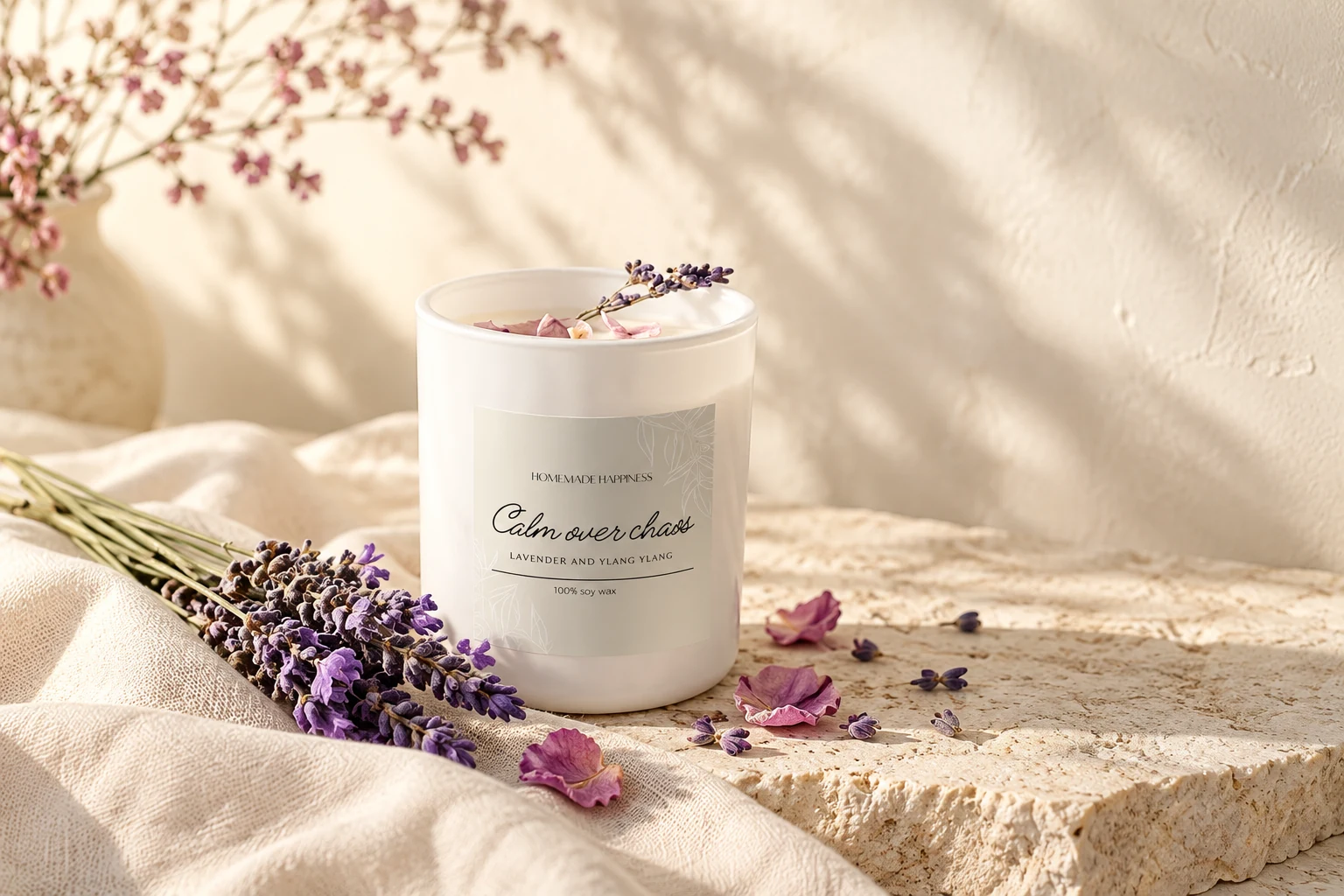 Calm Over Chaos candle with lavender and dried petals