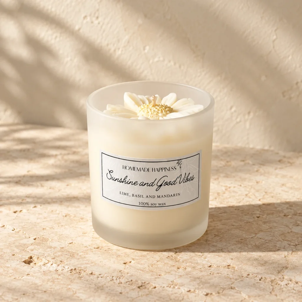 Sunshine and Good Vibes candle on pale stone