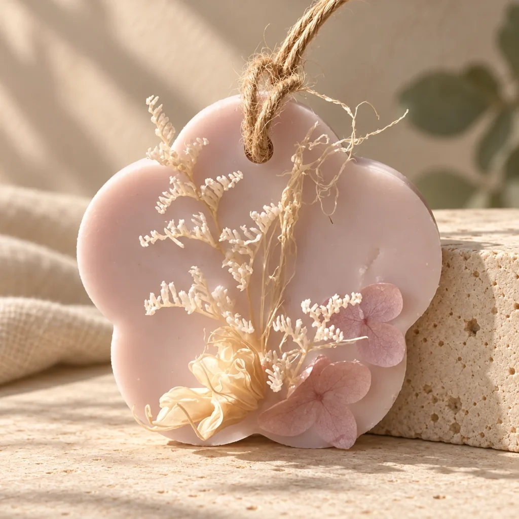 Flower-shaped botanical wax diffuser on pale stone