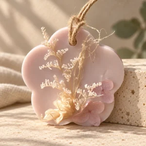 Flower-shaped botanical wax diffuser on pale stone